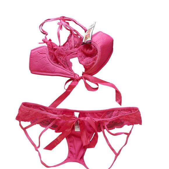 NEW One size fits most soft lace tie bra with panty hot pink - Picture 1 of 4